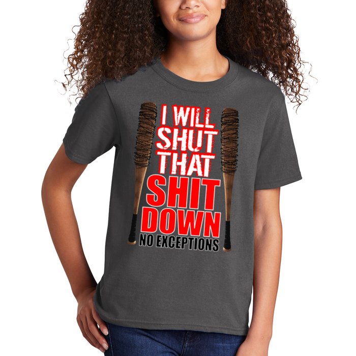 I Will Shut That Shit Down No Exceptions Barbwire Bat Dead Zombies Kids T-Shirt