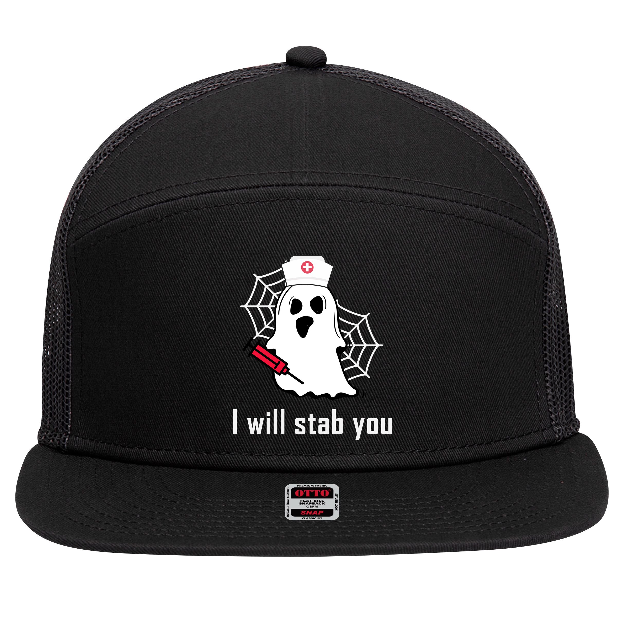 I Will Stab You Ghost Nurse 7 Panel Mesh Trucker Snapback Hat
