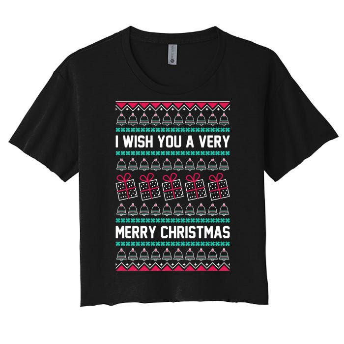 I Wish You A Very Merry Christmas Cute Ugly Sweater Women's Crop Top Tee