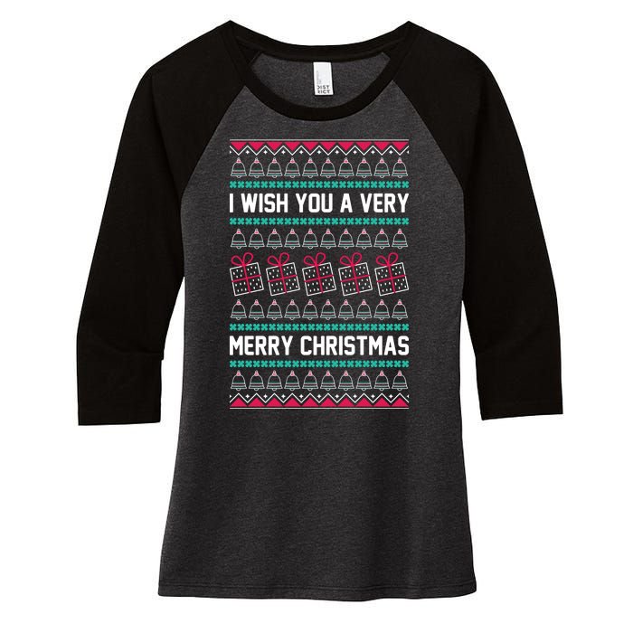 I Wish You A Very Merry Christmas Cute Ugly Sweater Women's Tri-Blend 3/4-Sleeve Raglan Shirt