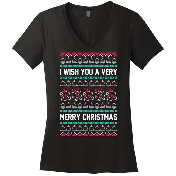 I Wish You A Very Merry Christmas Cute Ugly Sweater Women's V-Neck T-Shirt