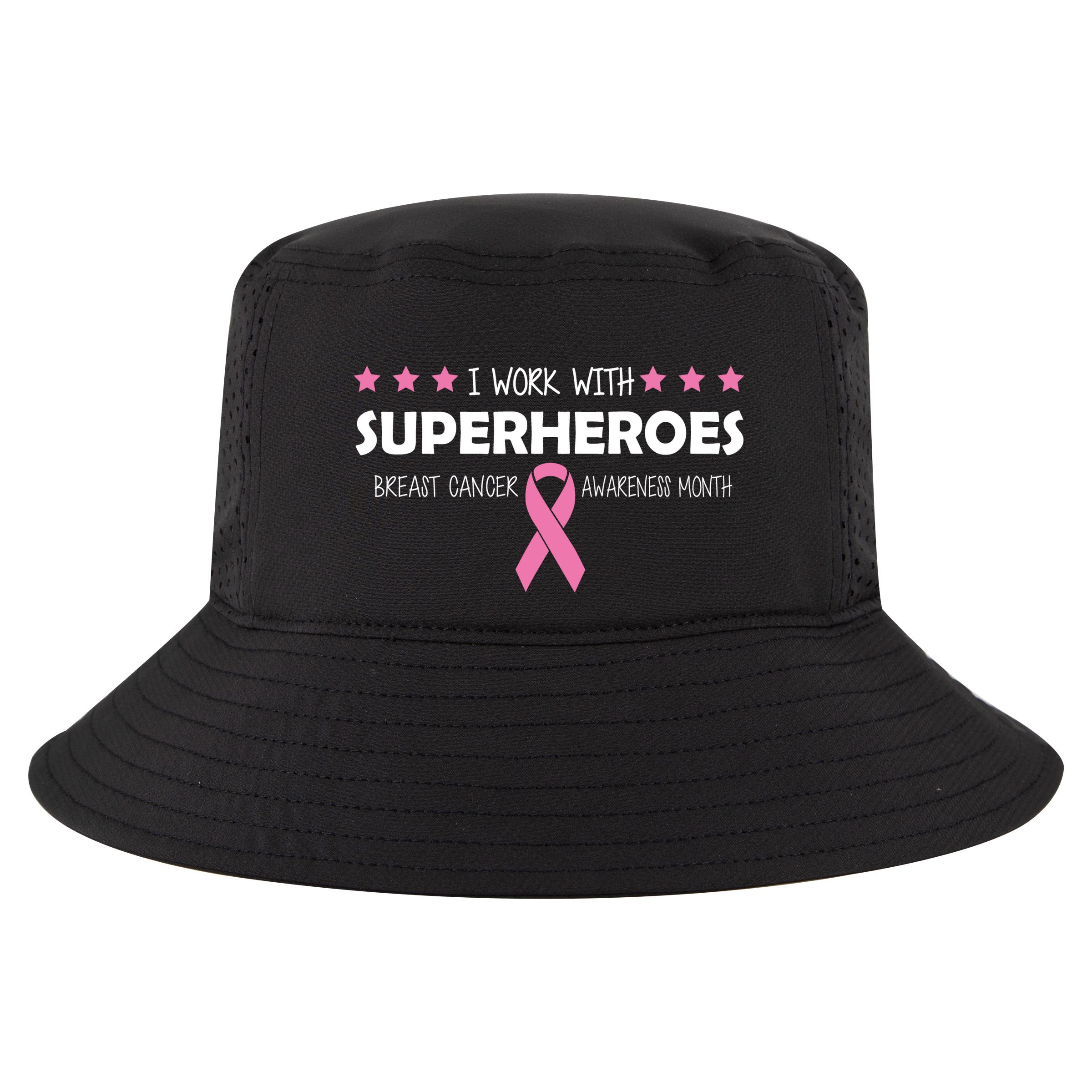 I Work With Superheroes Breast Cancer Awareness Month Cool Comfort Performance Bucket Hat