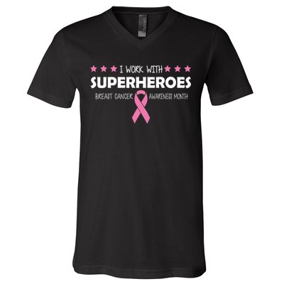 I Work With Superheroes Breast Cancer Awareness Month V-Neck T-Shirt