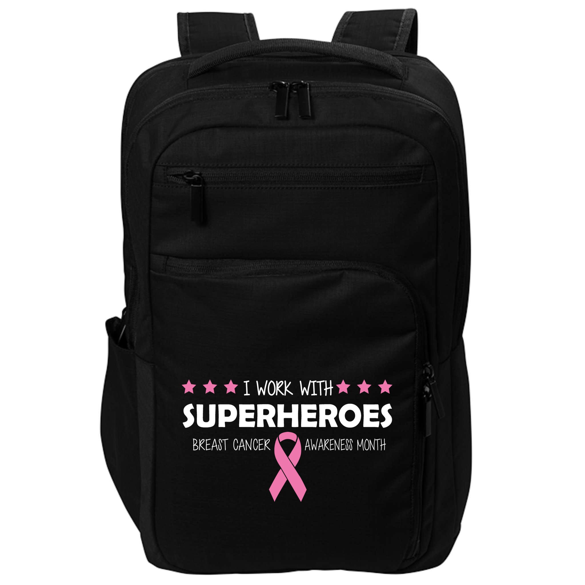 I Work With Superheroes Breast Cancer Awareness Month Impact Tech Backpack