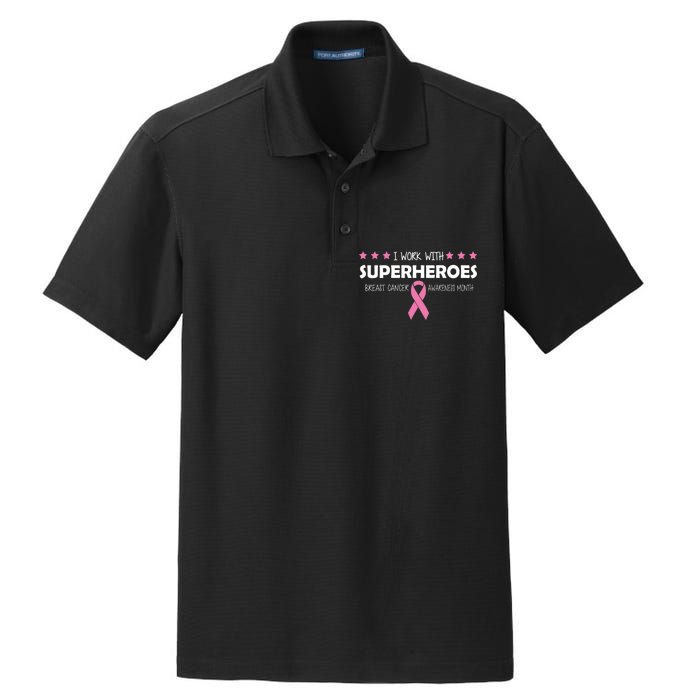 I Work With Superheroes Breast Cancer Awareness Month Dry Zone Grid Polo