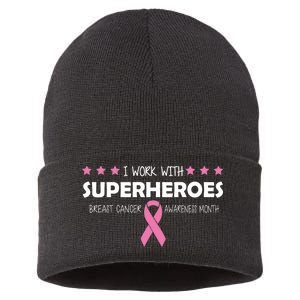 I Work With Superheroes Breast Cancer Awareness Month Sustainable Knit Beanie