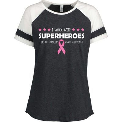 I Work With Superheroes Breast Cancer Awareness Month Enza Ladies Jersey Colorblock Tee