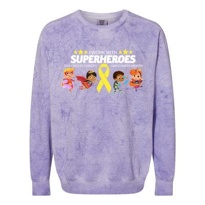 I Work With Superheroes Childhood Cancer Awareness Colorblast Crewneck Sweatshirt