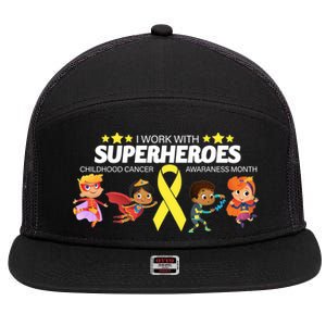 I Work With Superheroes Childhood Cancer Awareness 7 Panel Mesh Trucker Snapback Hat