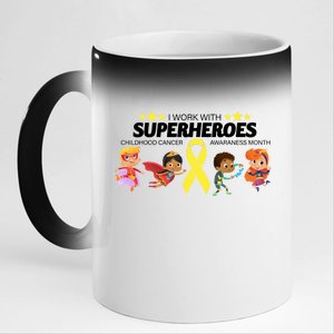 I Work With Superheroes Childhood Cancer Awareness 11oz Black Color Changing Mug