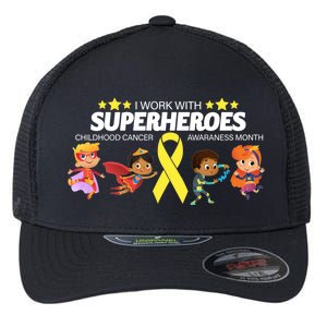 I Work With Superheroes Childhood Cancer Awareness Flexfit Unipanel Trucker Cap