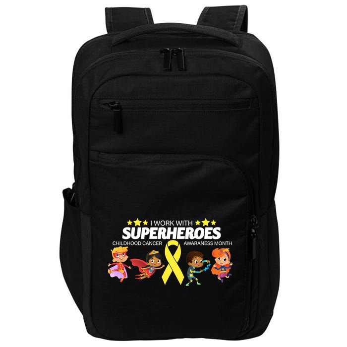 I Work With Superheroes Childhood Cancer Awareness Impact Tech Backpack