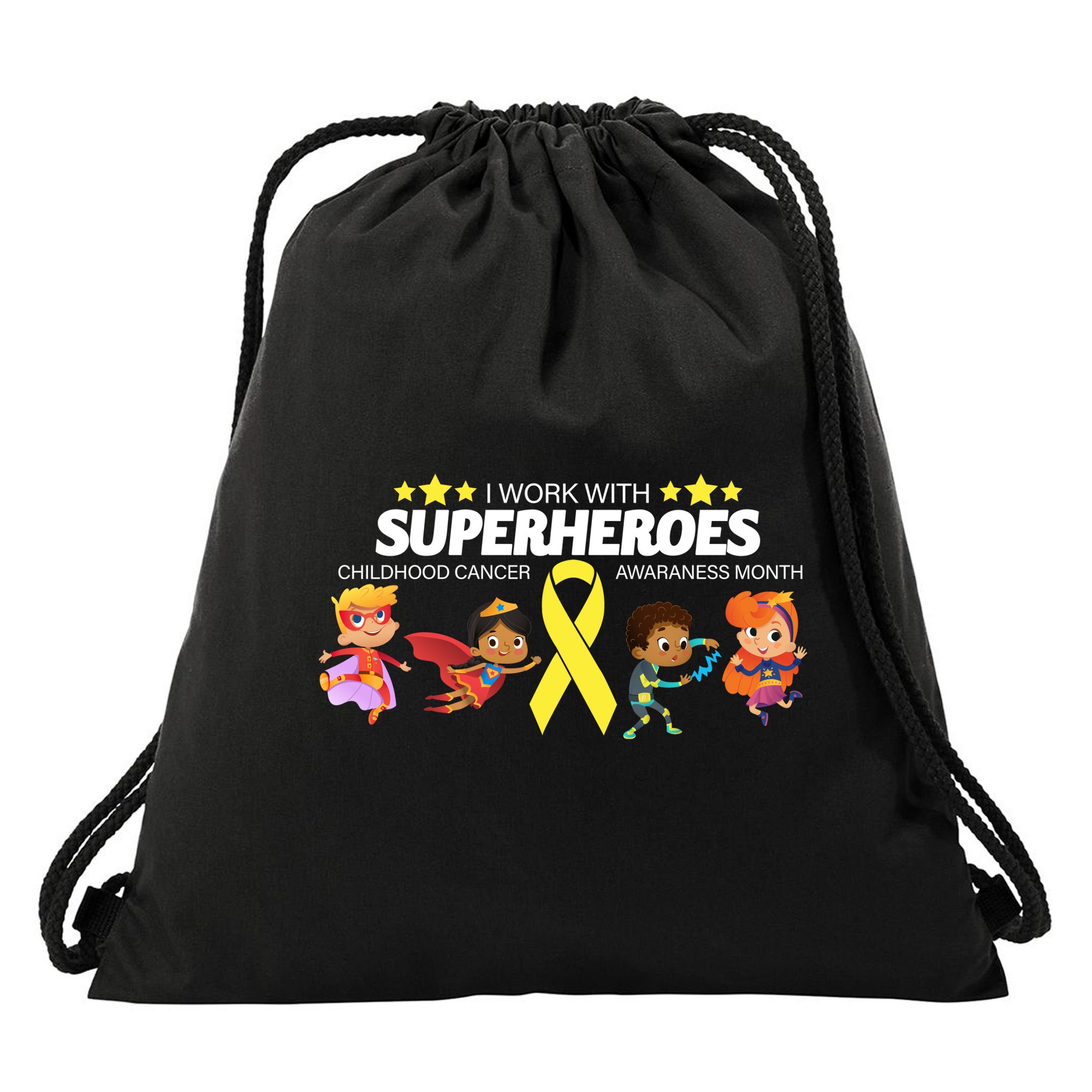 I Work With Superheroes Childhood Cancer Awareness Drawstring Bag