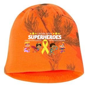 I Work With Superheroes Childhood Cancer Awareness Kati - Camo Knit Beanie