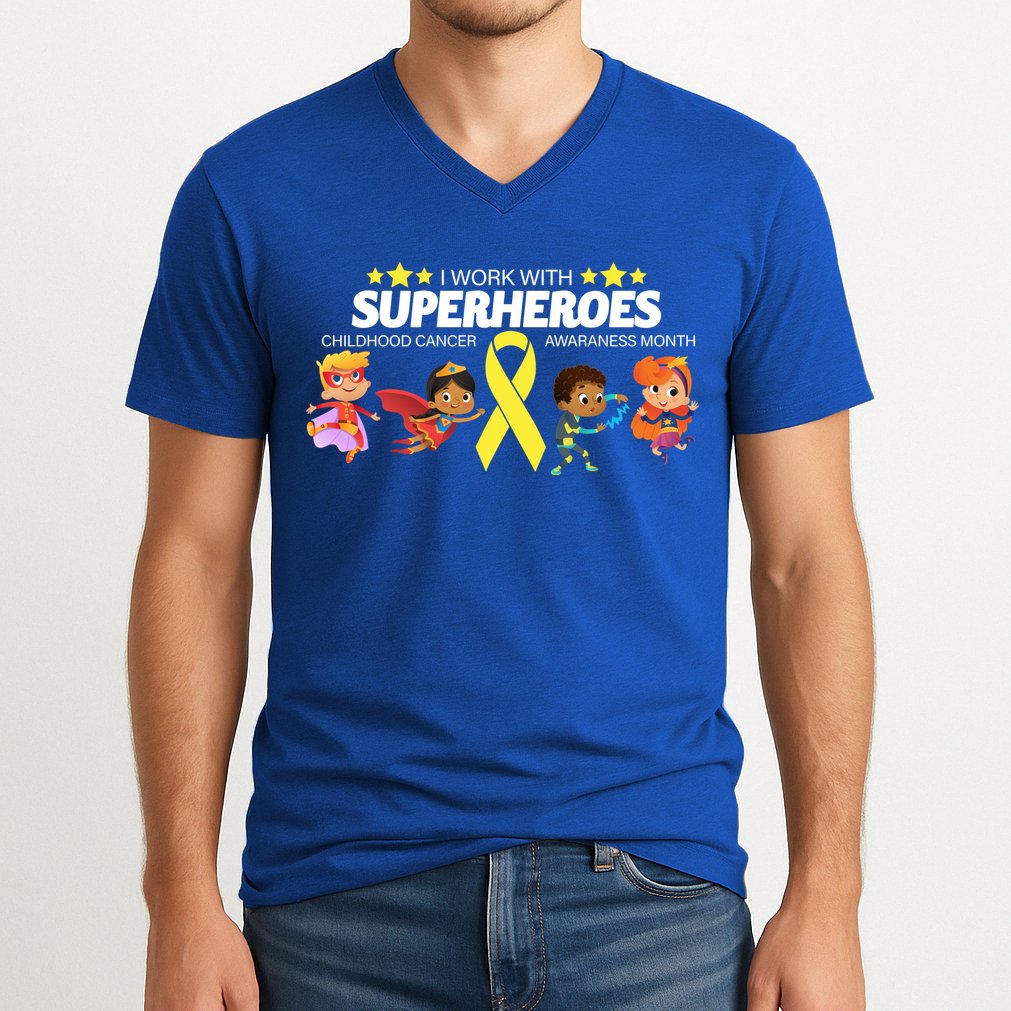 I Work With Superheroes Childhood Cancer Awareness V-Neck T-Shirt