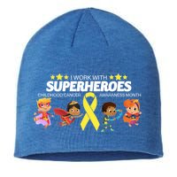 I Work With Superheroes Childhood Cancer Awareness Sustainable Beanie