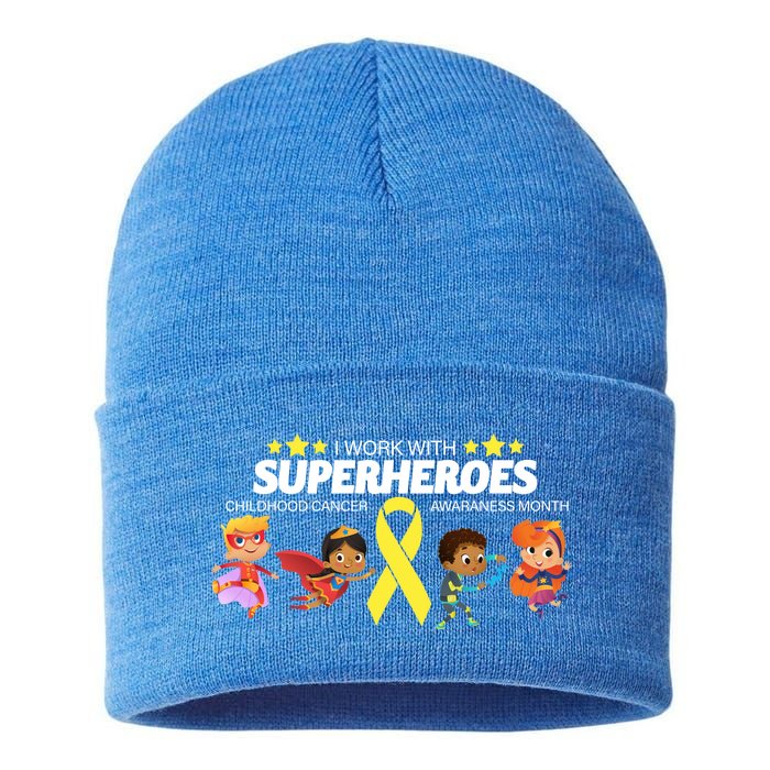 I Work With Superheroes Childhood Cancer Awareness Sustainable Knit Beanie