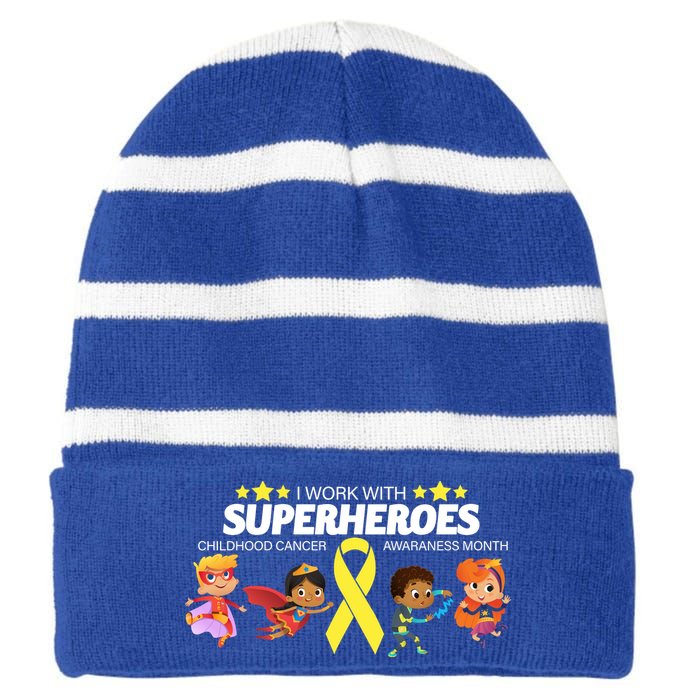 I Work With Superheroes Childhood Cancer Awareness Striped Beanie with Solid Band