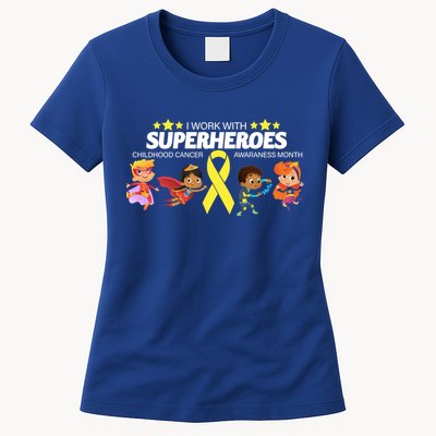 I Work With Superheroes Childhood Cancer Awareness Womens T-Shirt