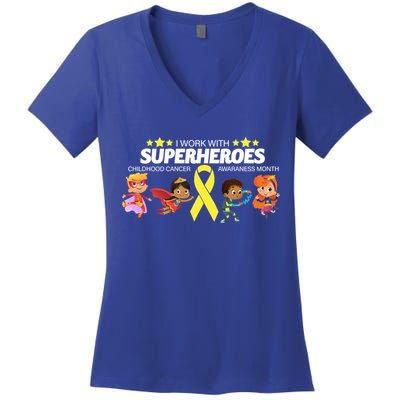 I Work With Superheroes Childhood Cancer Awareness Women's V-Neck T-Shirt