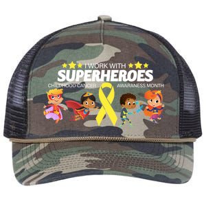 I Work With Superheroes Childhood Cancer Awareness Retro Rope Trucker Hat Cap