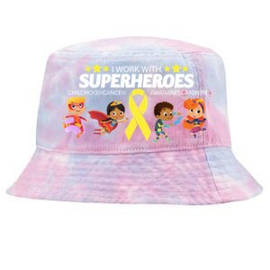 I Work With Superheroes Childhood Cancer Awareness Tie-Dyed Bucket Hat