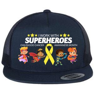 I Work With Superheroes Childhood Cancer Awareness Flat Bill Trucker Hat