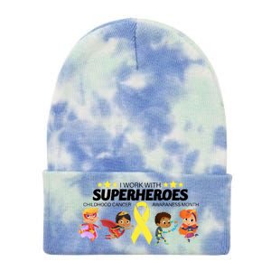 I Work With Superheroes Childhood Cancer Awareness Tie Dye 12in Knit Beanie