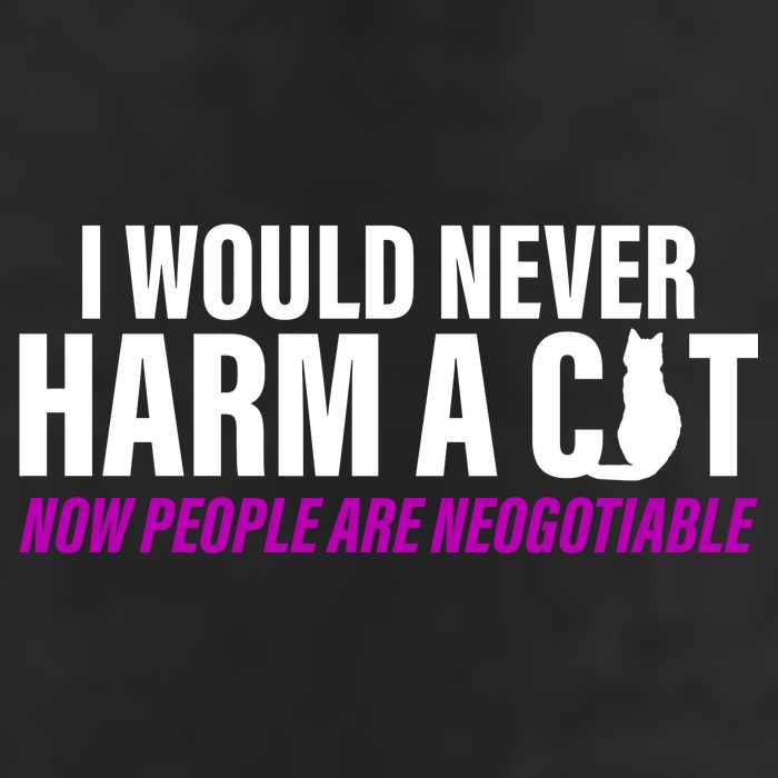 I Would Never Harm A Cat Now People Are Negotiable 7 Panel Mesh Trucker Snapback Hat