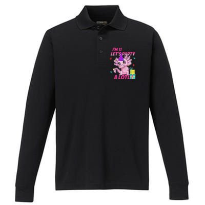 I'm 11 Let's Party A Lotl 11th Birthday Axolotl Lover Gift  Performance Long Sleeve Polo