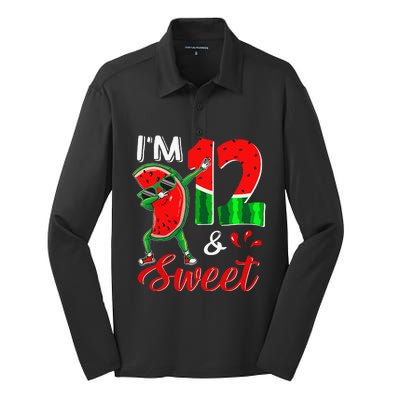 I'm 12 Years Old & Sweet Dabbing Watermelon 12th Birthday Silk Touch Performance Long Sleeve Polo