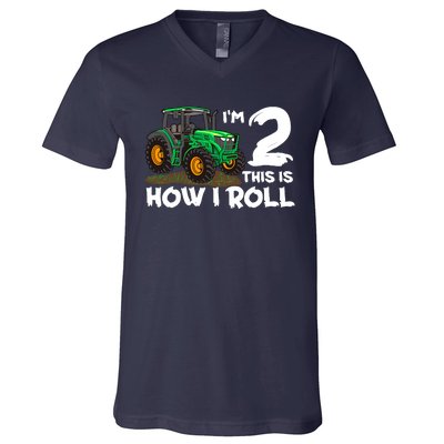 IM 2 This Is How I Roll Tractor 2 Year Old Birthday Farming V-Neck T-Shirt