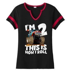 I'm 2 Two This Is How I Roll Monster Truck 2nd Birthday Ladies Halftime Notch Neck Tee