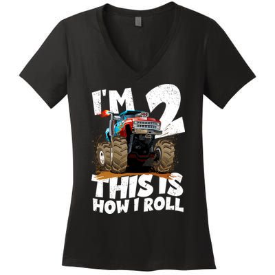 I'm 2 Two This Is How I Roll Monster Truck 2nd Birthday Women's V-Neck T-Shirt