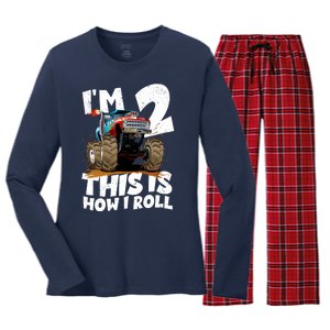 I'm 2 Two This Is How I Roll Monster Truck 2nd Birthday Women's Long Sleeve Flannel Pajama Set 