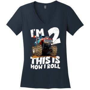 I'm 2 Two This Is How I Roll Monster Truck 2nd Birthday Women's V-Neck T-Shirt