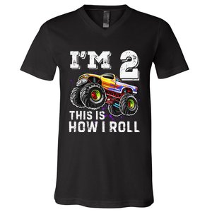 I'm 2 This Is How I Roll Monster Truck 2nd Birthday Gift V-Neck T-Shirt