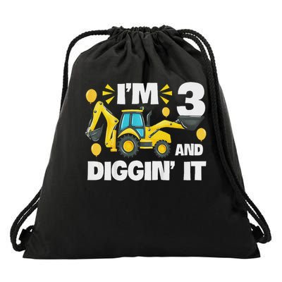I'm 3 And Digging It Construction Excavator 3rd Birthday Drawstring Bag