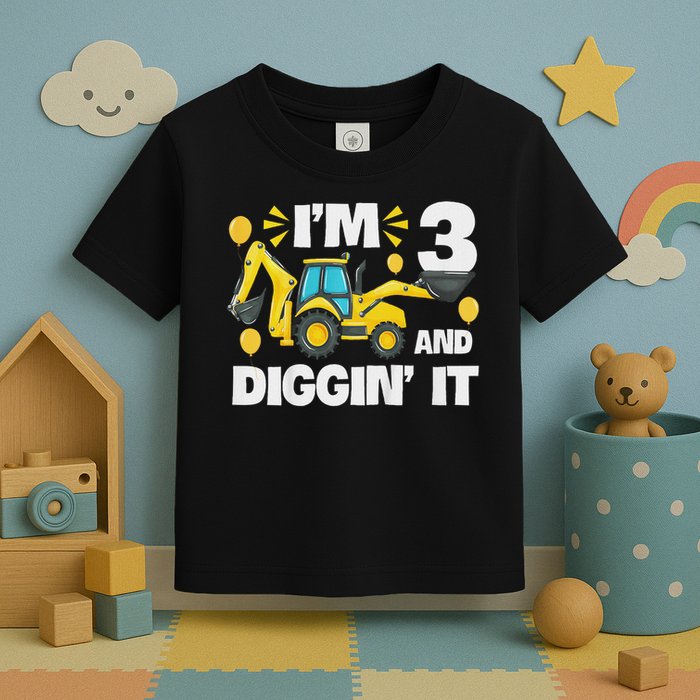 I'm 3 And Digging It Construction Excavator 3rd Birthday Toddler T-Shirt