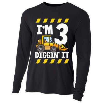Im 3 And Digging It Funny 3rd Birthday Excavator Kids Cooling Performance Long Sleeve Crew