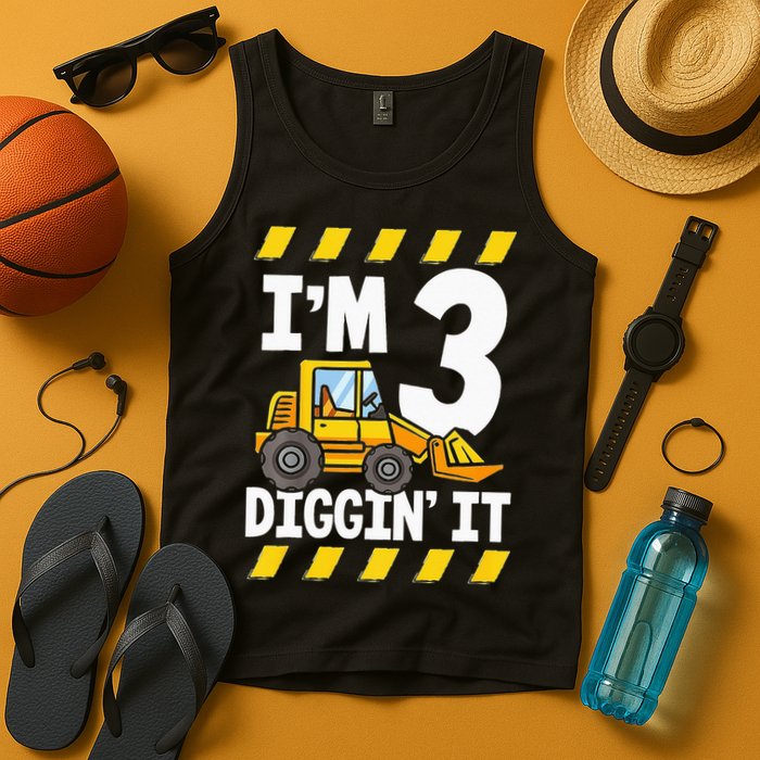 Im 3 And Digging It Funny 3rd Birthday Excavator Kids Tank Top