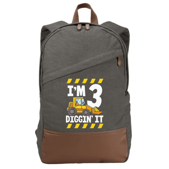 Im 3 And Digging It Funny 3rd Birthday Excavator Kids Cotton Canvas Backpack