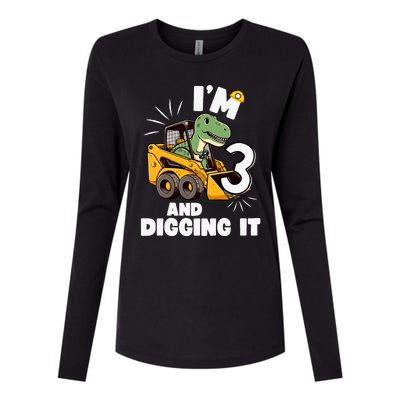 IM 3 And Digging It 3rd Birthday Dinosaur Construction Womens Cotton Relaxed Long Sleeve T-Shirt