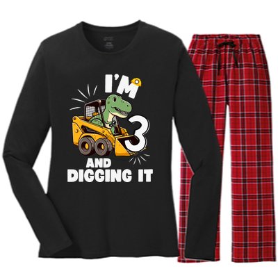 IM 3 And Digging It 3rd Birthday Dinosaur Construction Women's Long Sleeve Flannel Pajama Set 