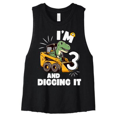 IM 3 And Digging It 3rd Birthday Dinosaur Construction Women's Racerback Cropped Tank