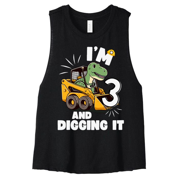 IM 3 And Digging It 3rd Birthday Dinosaur Construction Women's Racerback Cropped Tank