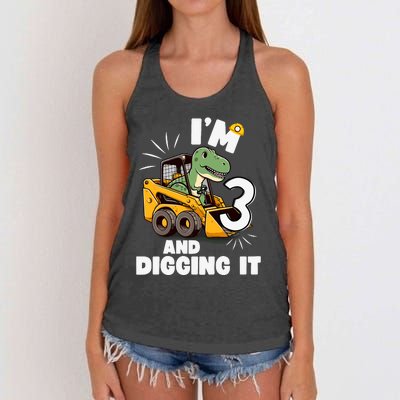 IM 3 And Digging It 3rd Birthday Dinosaur Construction Women's Knotted Racerback Tank