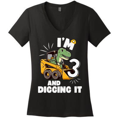 IM 3 And Digging It 3rd Birthday Dinosaur Construction Women's V-Neck T-Shirt