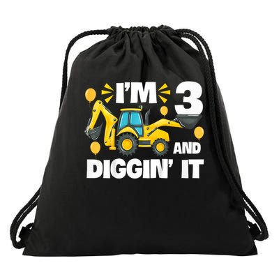 I'm 3 And Digging It Construction Excavator 3rd Birthday Drawstring Bag
