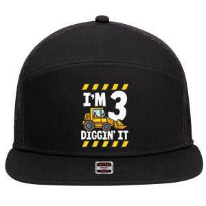 Im 3 And Digging It Funny 3rd Birthday Excavator Kids 7 Panel Mesh Trucker Snapback Hat